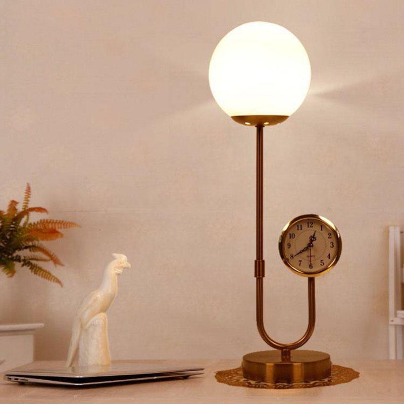 Modern Glass Lampshade Table Lamp for Bedroom Living Room Reading Study Led Bedside Lamp with Clock