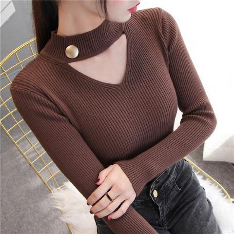 Autumn and Winter Hollow V-neck Sweater Long-sleeved Slim Pullover Bottoming Shirt Fashion Knitted Women's Top