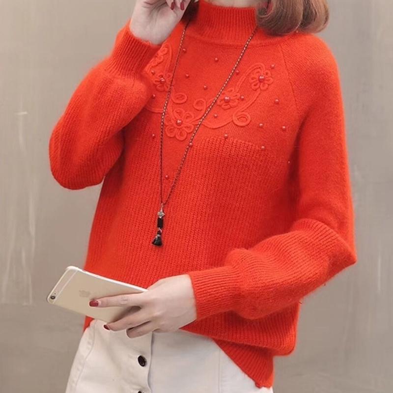Women Half Turtleneck Short Pearl Pullover Sweater Office Loose Thicken Bottoming Shirt
