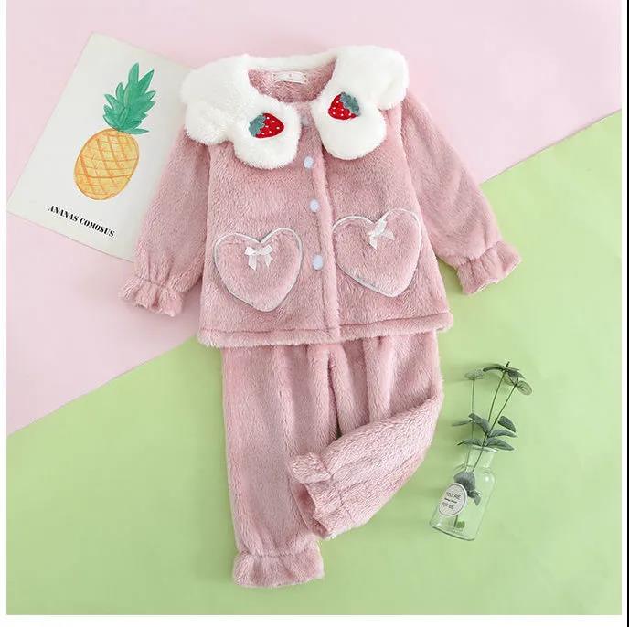 Autumn and Winter Children's Flannel Pajamas Girls Coral Velvet Cute Super Cute Set Baby Middle and Big Children's Girls' Home Clothes