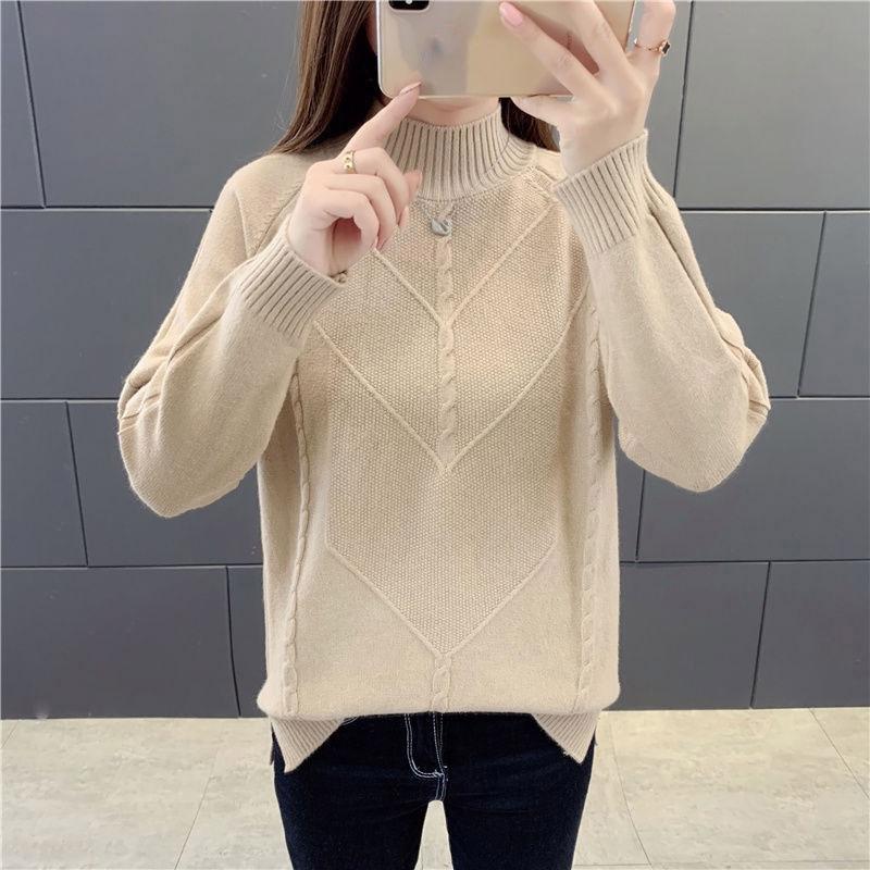 Women White Short Half-high Collar Pullover Sweater Office Loose Thick Solid Sweatshirts