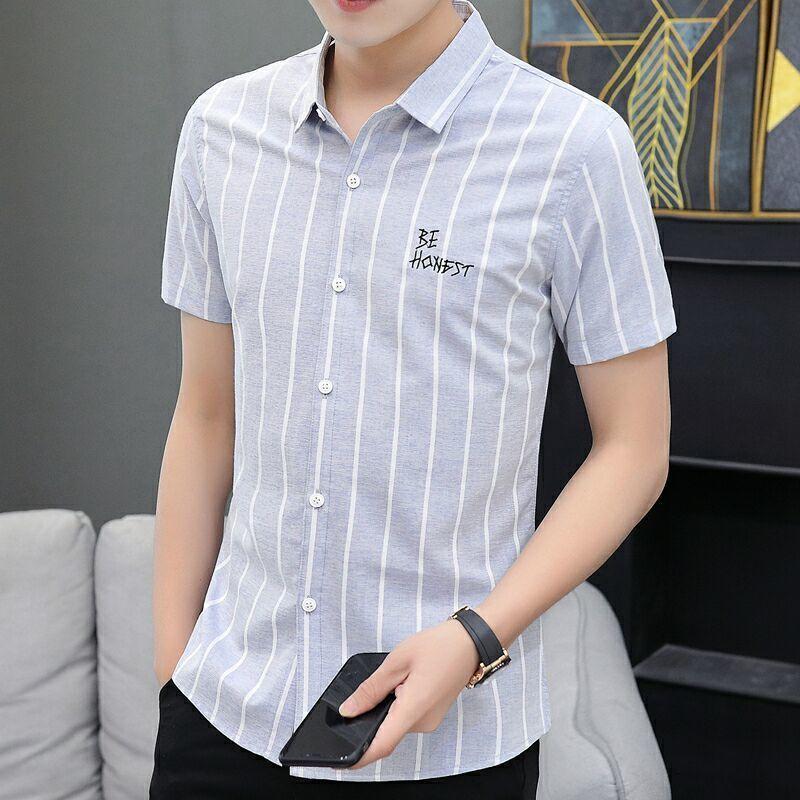 Men's Short-sleeved Shirts Summer Slim and Handsome Casual Shirts Youth Men's Half-sleeved Shirts Stripes