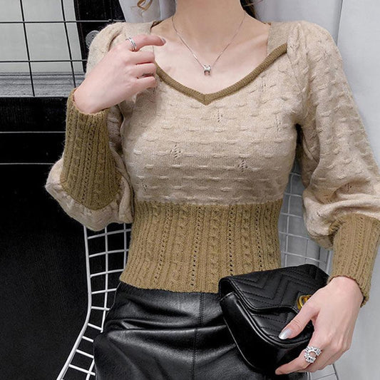 Autumn Winter Long-sleeved Pullover V-neck All-match Sweater with Knitted Tops for Women Slim Fit
