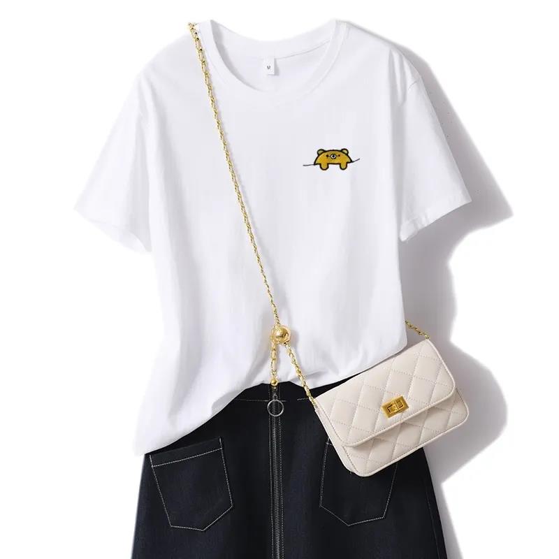 Little bear embroidery Cotton T-Shirt Women Tops Round Neck Summer Funny Casual Tops Tee