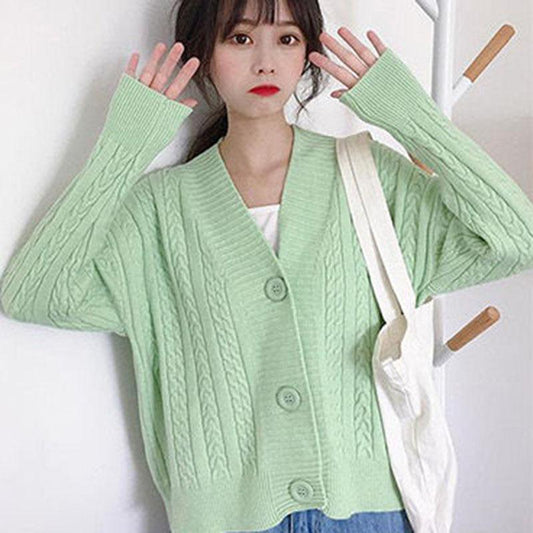 Spring and Autumn Knitted Loose Sweater All-match Long-sleeved Cardigan Sweater Fashion Solid Color Female Jacket