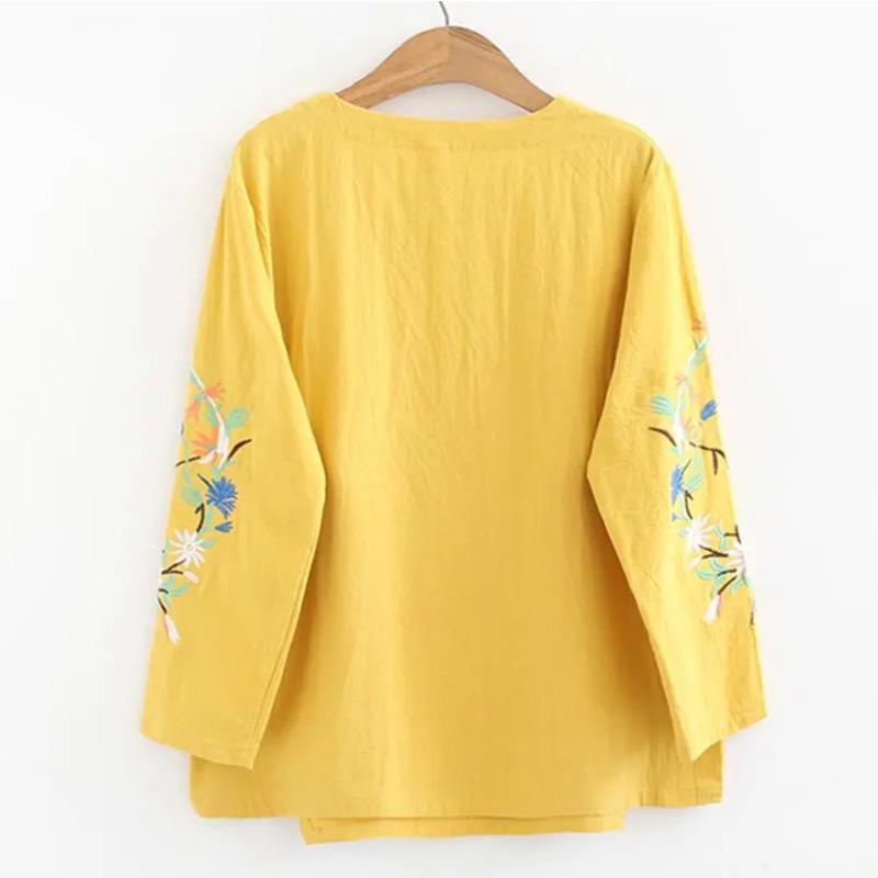 Pure Cotton Embroidery Long-sleeved Plus Size Bottoming Shirt T-shirt Retro Women's Floral Top Mother's Wear
