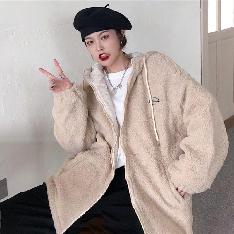 Winter Imitation Lamb Velvet Letters Plus Velvet Sweater Women Loose Warm Cardigan Jacket Ladies Casual Warm Jacket Plus Size Jacket