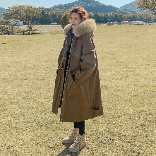 Parker Jacket Women's Winter Padded Clothes Mid-length Plus Velvet Thick Padded Workwear Fluffy Big Fur Collar Hooded Jacket