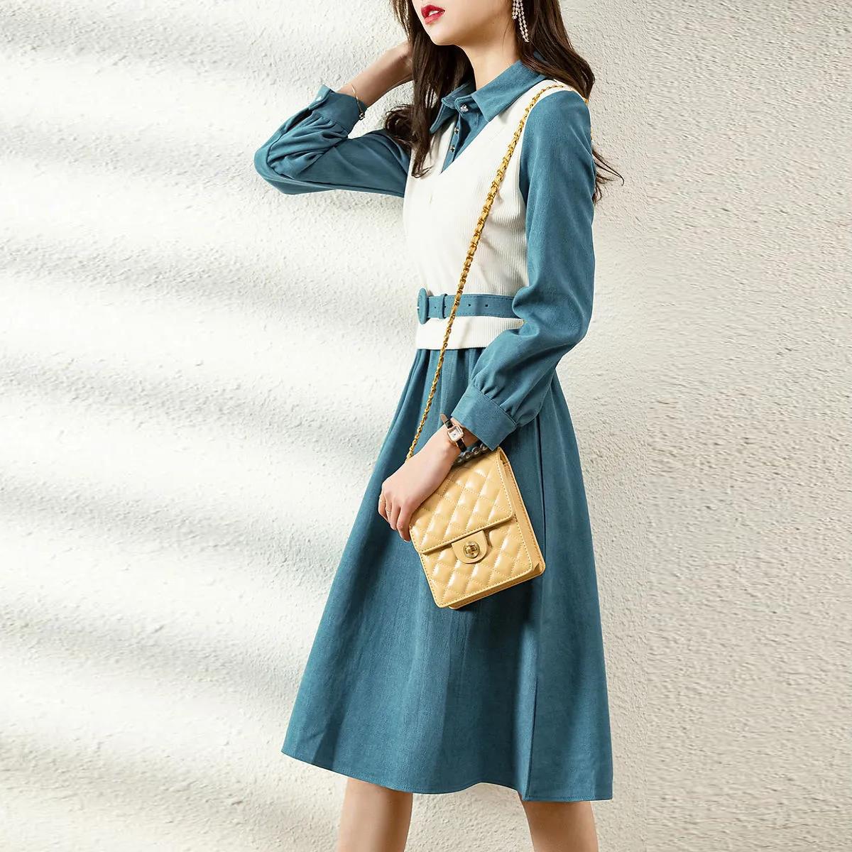 Waistband Fake Two-piece Temperament Dress In Autumn and Winter Waist Was Thinner Fashionable Dress for Age Reduction Women