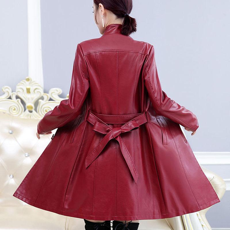 Women's Sheepskin Leather Jacket Long Slim Fit Stand Collar Large Leather Trench Coat Sheepskin Coats with Belt