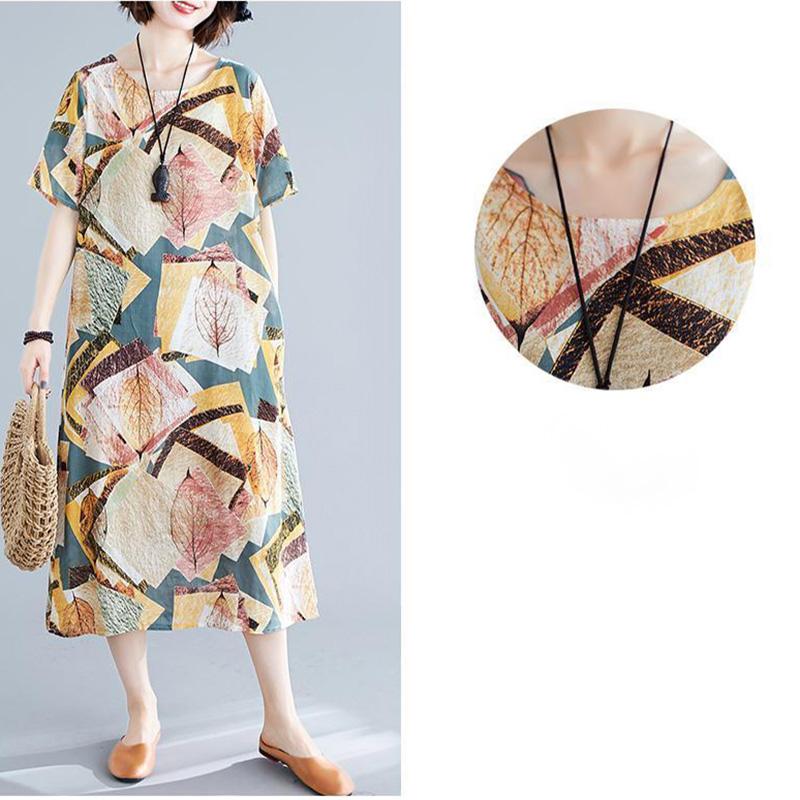 Women's Summer Dress Literary Retro Large Size Printing Round Neck Pocket Loose and Thin Cover Belly
