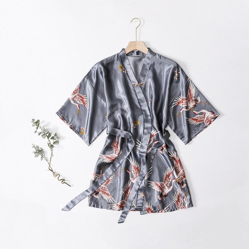 Summer Women's Nightgown Imitation Silk Satin Kimono Bridesmaid Dress Floral Thin Cardigan Dressing Gown Bathrobe