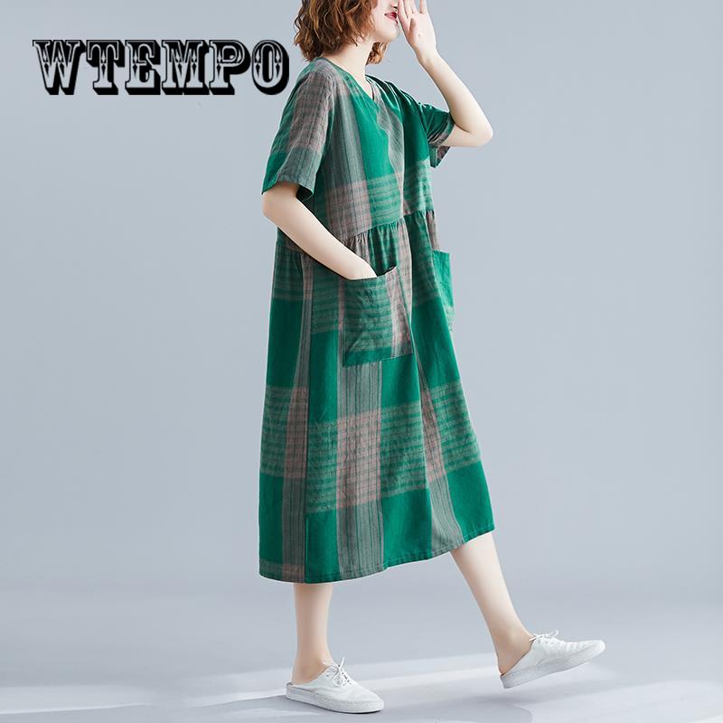 Women Ladies Plaid Short Sleeve Loose Pocket Swing Vintage Dress New Vintage Cotton Linen Clothes