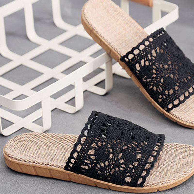 Lace Home Linen Slippers Four Seasons Summer Women's Indoor Non-slip Household Wooden Floor Mute Small Fragrance Sandals and Slippers
