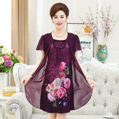 XL-XXXXXL Middle Aged Summer Printed Plus Size Skirt Mother's Dress Mid-length Imitation Silk Chiffon Yarn