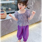 Girls Suit Summer Thin Korean Style Floral Short Sleeved Trousers Two Piece Set Casual Wear with Ruffles Puff Sleeve