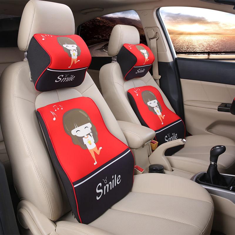 Little Girl Printing Car Neck Pillow and Lumbar Pillow Set Seat Support Pillow Breathable Spine Protection Tool