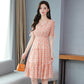 French Temperament Printed Dress Female Summer V-neck Slim Mid-length Dress Puff Sleeve A-line Skirt