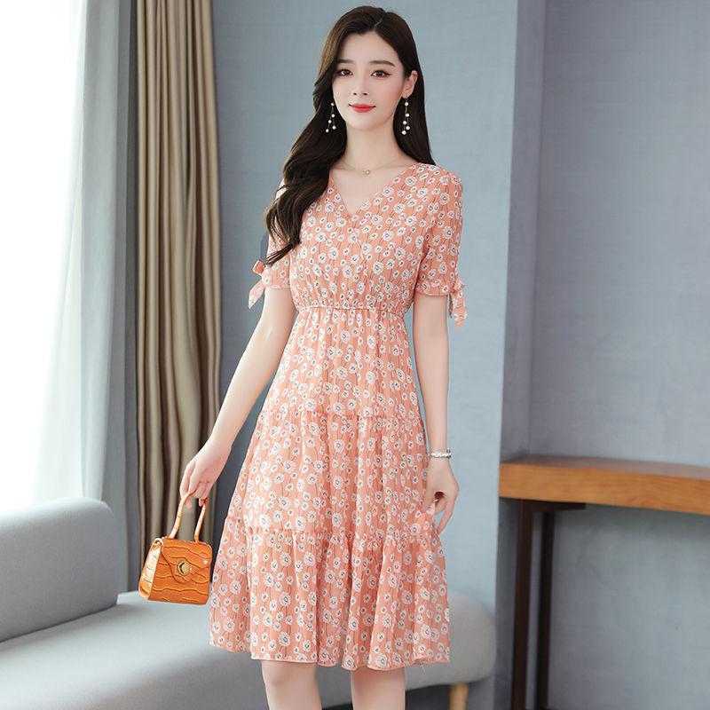French Temperament Printed Dress Female Summer V-neck Slim Mid-length Dress Puff Sleeve A-line Skirt