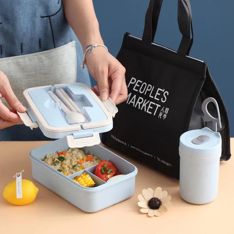 Wheat Straw Insulated Lunch Box Student Three-grid Japanese-style Lunch Box Female Portable Microwave Oven Fresh-keeping Office Worker Lunch Box