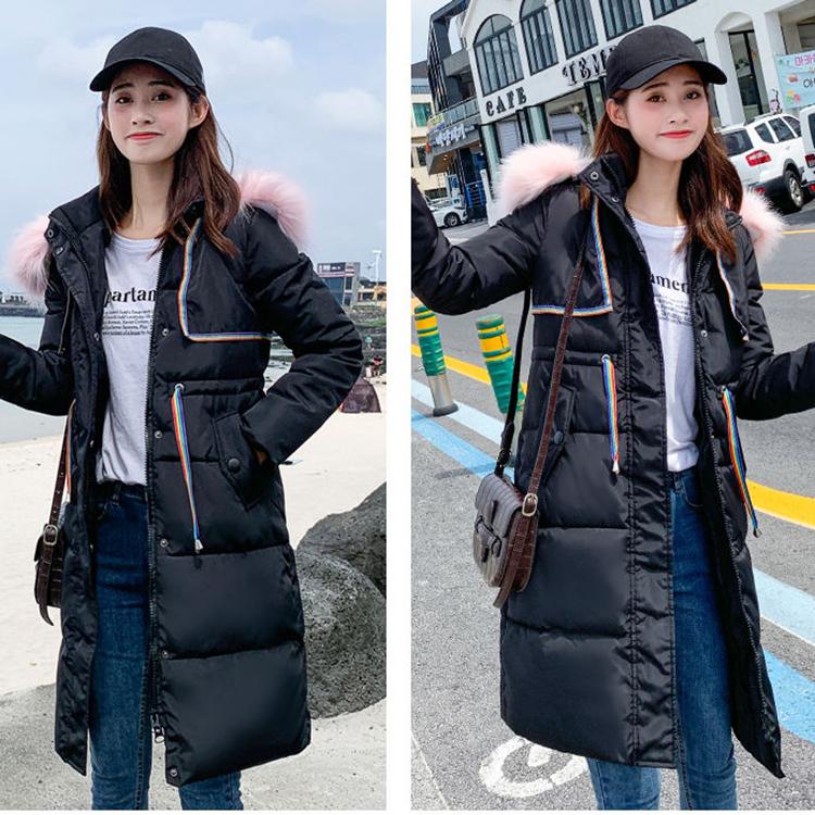 Ladies winter padded coat long over the knee fur collar hooded down padded jacket Slim thick warmth Parka Coat