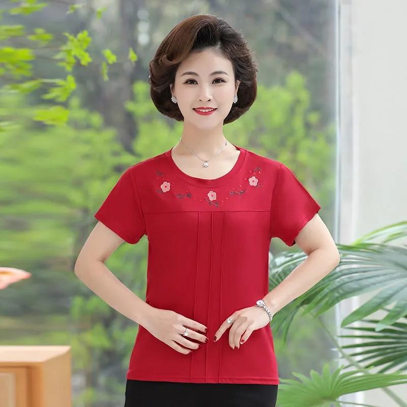 Embroidered Short-sleeved T-shirt Middle-aged and Elderly Women's Large Size Loose Bottoming Shirt Women's Short-sleeved Summer Top