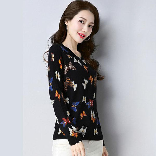 Plus Size Spring, Autumn and Winter Butterfly Print Sweater Cashmere Knit Bottoming Sweater Vintage Slim Warm Woolen Sweater Jumper Outwear