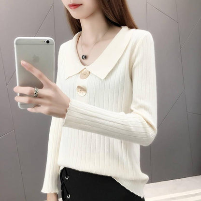 Pofulove Autumn Winter Lapel Sweaters Women's Bottoming Shirt Long Sleeve Pullover Slim Female