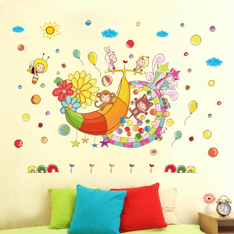 [Wall sticker ]Colorful Banana Amusement Park Monkey Bee Balloon Wall Stickers For Kids Rooms Baby R