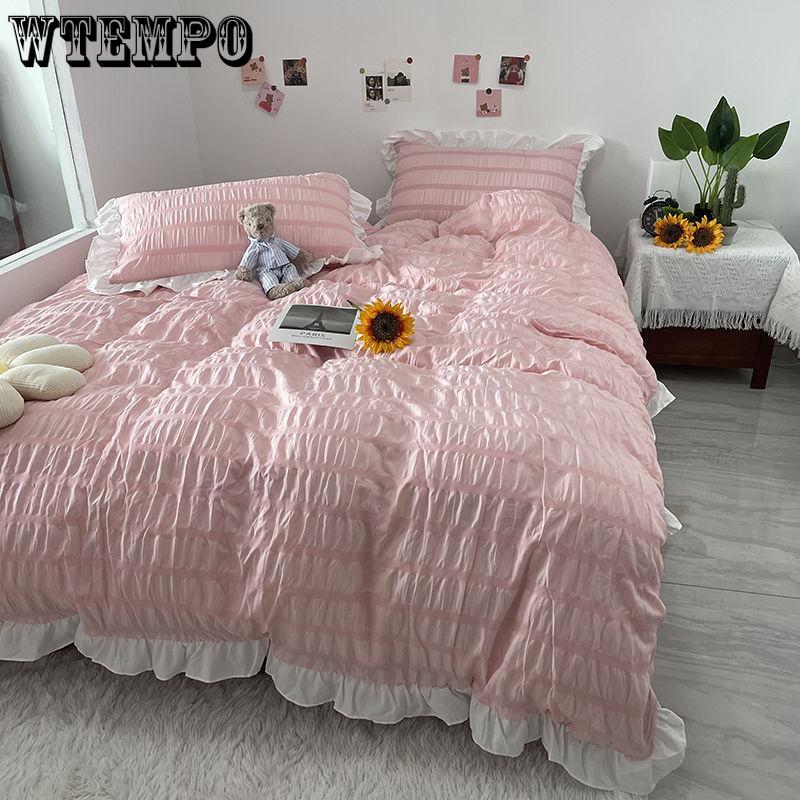 Princess Style Washed Cotton Seersucker Four-piece Solid Color Bedding Quilt Cover Sheet Four Seasons Universal