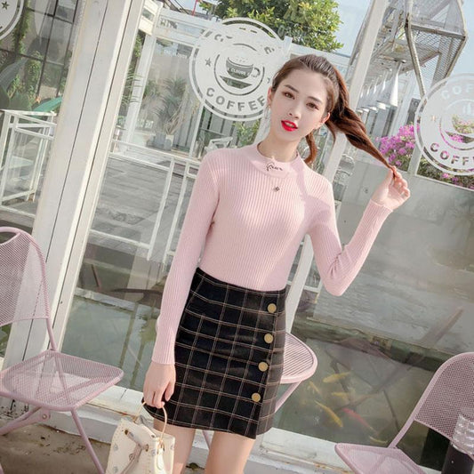 Spring and Autumn Slim Fit Sweater Pullover Bottoming Shirt Autumn and Winter All-match Short Stretch Knit Sweater Young Women Sweater
