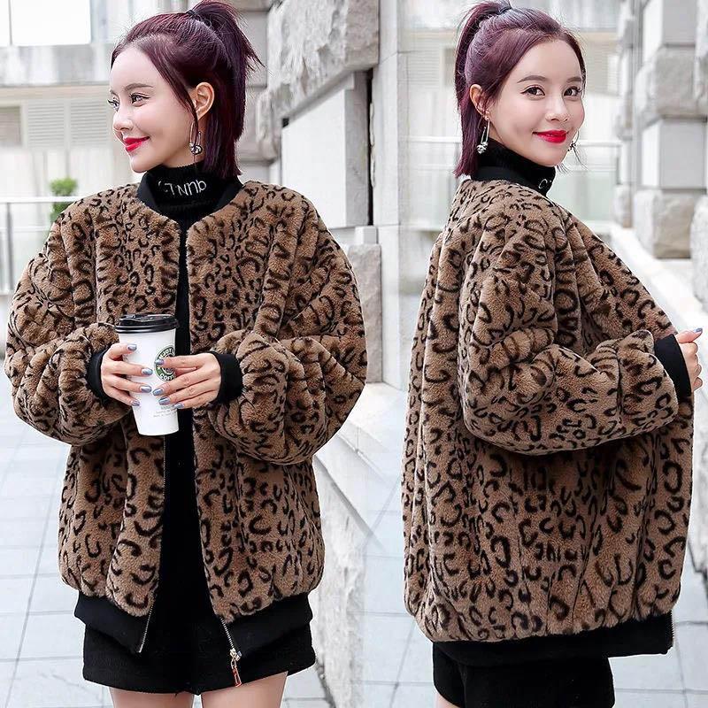 European Women's Leopard Fur Coat Autumn and Winter Imitation Mink Velvet Plus Size Loose Coat Mid-length