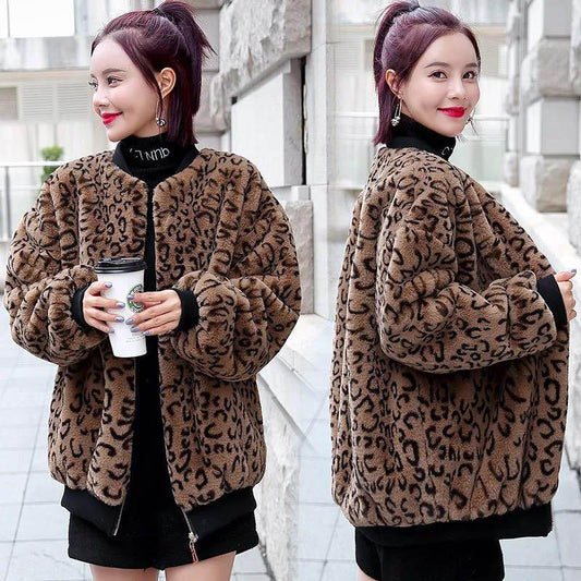 European Women's Leopard Fur Coat Autumn and Winter Imitation Mink Velvet Plus Size Loose Coat Mid-length