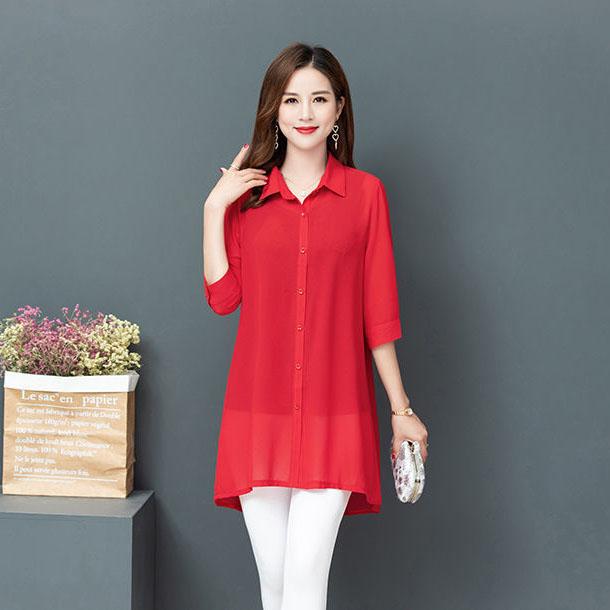 Women's Large Size Mid-length Chiffon Shirt 3/4 Sleeve Cardigan Shirt Spring Summer Loose Casual Sun Protection Coats