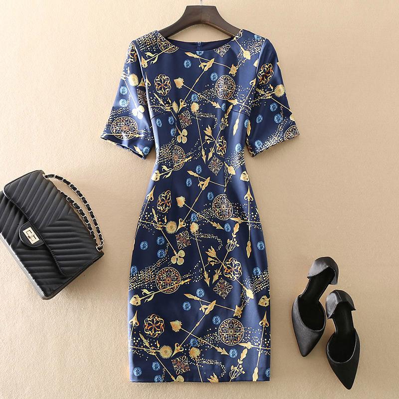 Summer New Dress Mid-length Large Size High-end Temperament Printed Short-sleeved Dress Slim Slim
