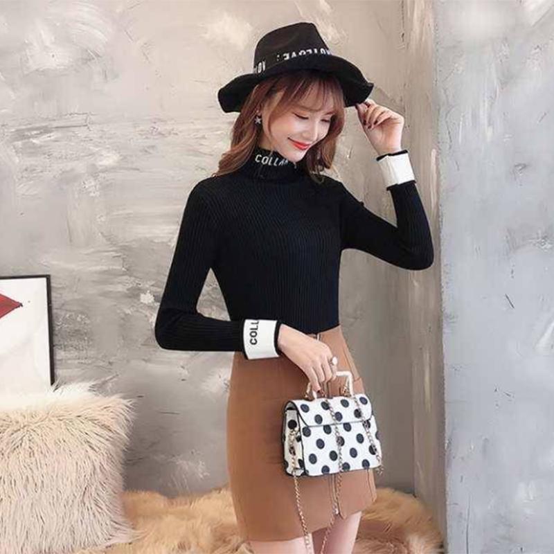 Pofulove sweater Slim thick letter short section long sleeves inside student turtleneck sweater base