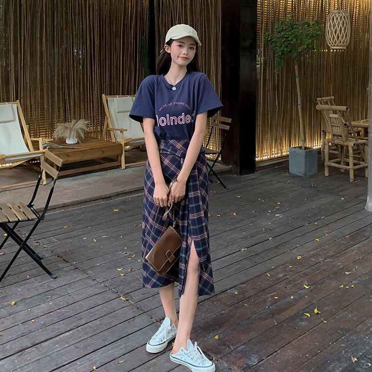 Split Women Plaid Skirt Female High Waist A-line Mid-length Half Skirt Thin Daily Student School