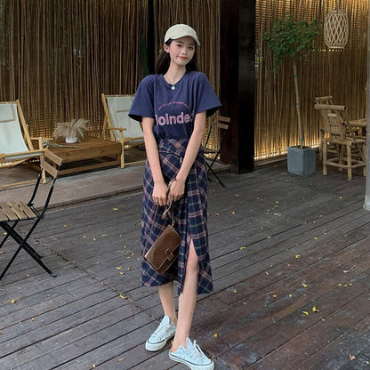 Split Women Plaid Skirt Female High Waist A-line Mid-length Half Skirt Thin Daily Student School