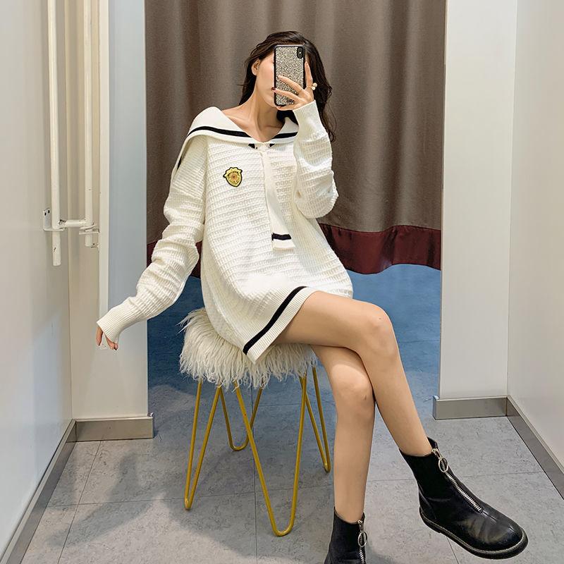 Autumn  Winter Navy Collar College Style Loose Pullover Sweater Women's Mid-length Outer Knit Jacket Jacket