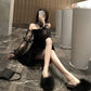 Sexy Woman Velvet Net Yarn Lantern Sleeve Tube Top Dress A-line Skirt Long Sleeve Hollow Out Bare Shoulders Nightclub Bar Wedding Party