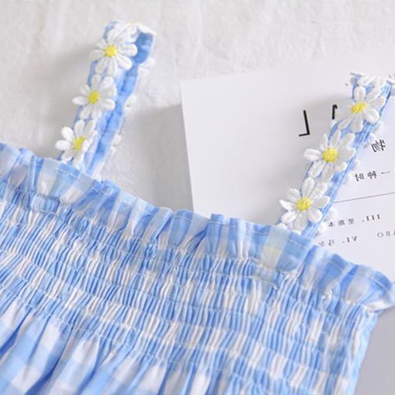 Children Dress Girls' Summer Thin Dress Suspender Dress Plaid Off Shoulder Chrysanthemum Princess Dress Ruffle