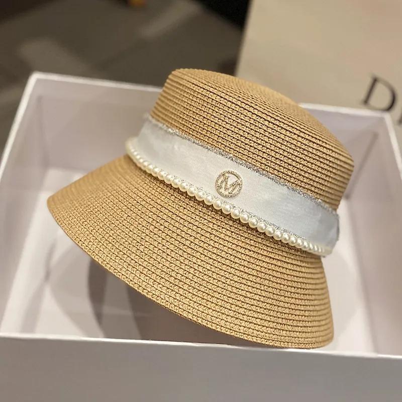 Women's Summer Hat Elegant Pearl Bucket Hat Rhinestone M Mark Retro Basin Hat Shade Straw Hat Luxury Top Hat