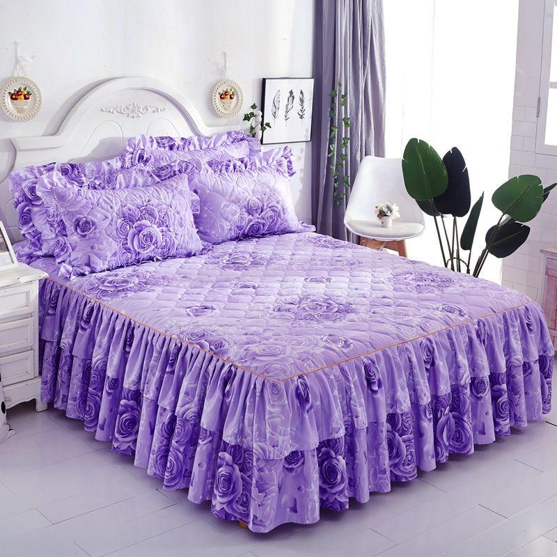 3pcs/set Thickened Queen-size Bed Skirt Cute Princess Wind Bedspread Non-slip Simmons Protective Cover