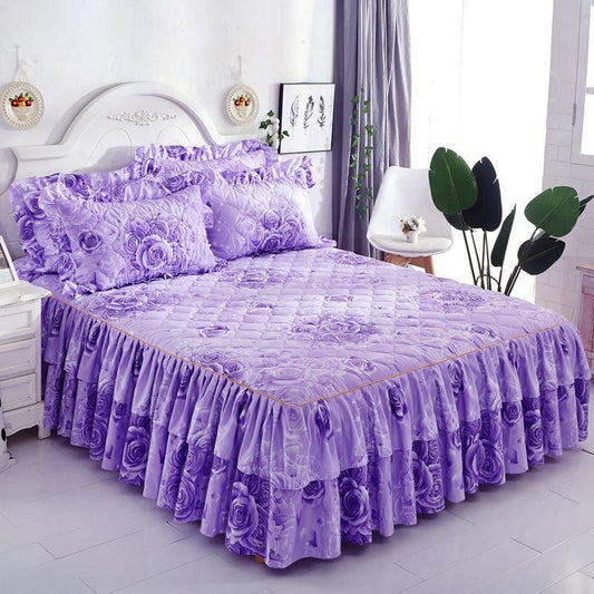 3pcs/set Thickened Queen-size Bed Skirt Cute Princess Wind Bedspread Non-slip Simmons Protective Cover