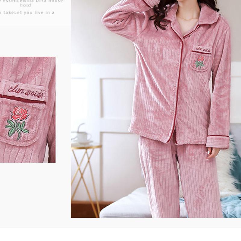 Pajamas Autumn Female Flannel Fabric Skin-friendly Soft Thickening Suit Spring Autumn Winter Cardigan Coral Fleece Cute Home Service