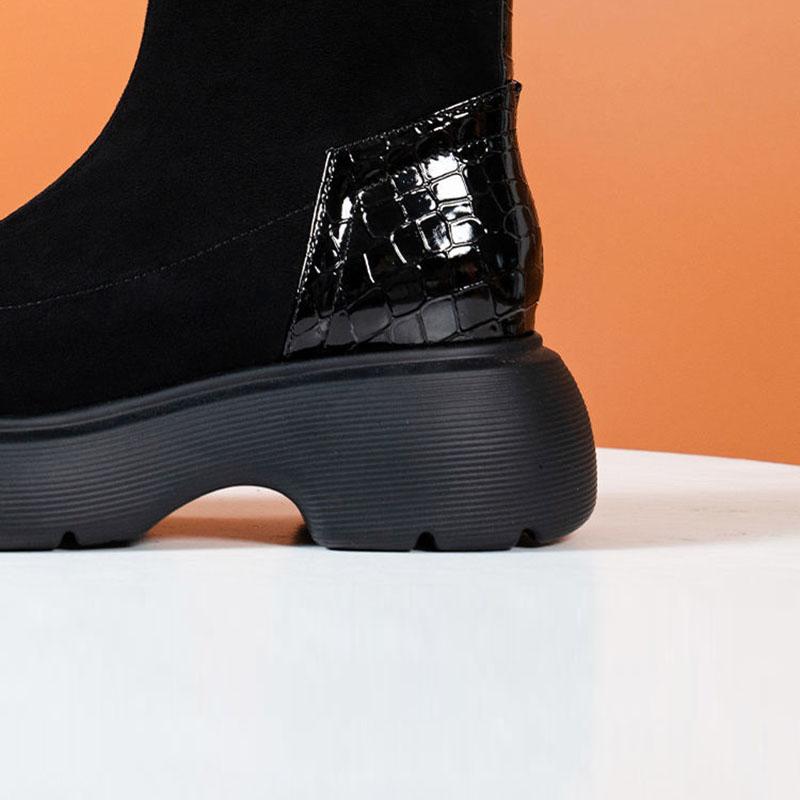 Black Boots Woman Autumn and Winter Velvet Elastic Boots Korean Version of Wild Short Boots Increased Thick-soled Boots Martin Plush Boots