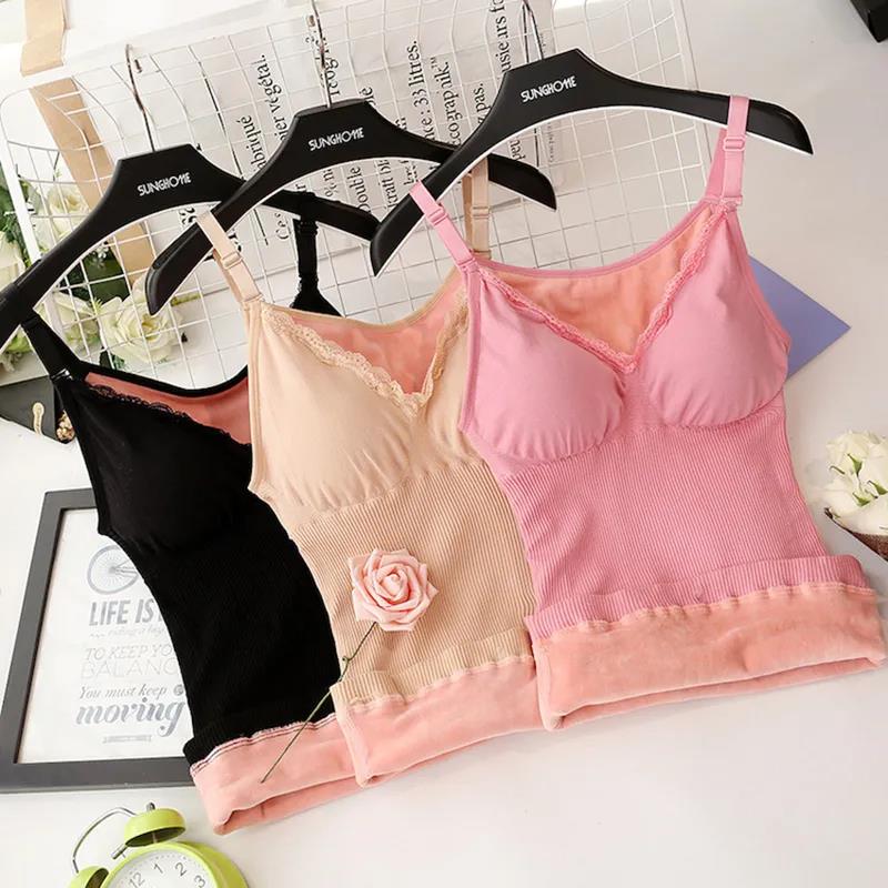 Warm Vest Underwear Women Plus Velvet Thick Sexy Suspenders with Chest Pad Tight-fitting Bottoming Shirt Tops Autumn and Winter Models