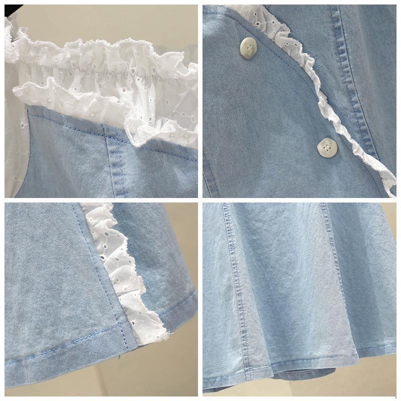 Fashion Lace Stitching One-shoulder Denim Dress Buttoned A-line Skirt Small Summer