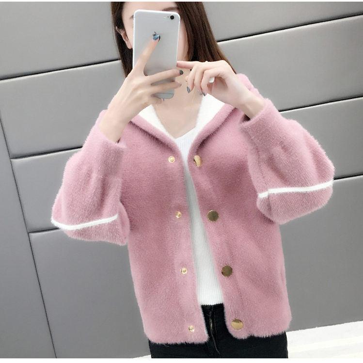 Loose Hooded Long Sleeve Sweater Autumn and Winter Button Cardigan Warm Top Mink Fleece Fashion Casual Jacket