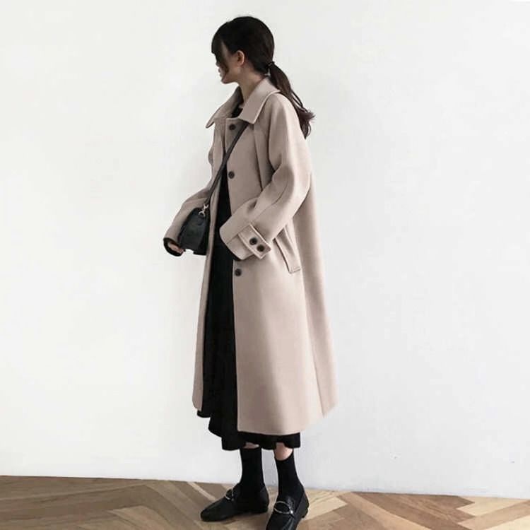 Oatmeal Woolen Coat Women's Mid-length Winter Korean Style Thickened College Wind Over The Knee Woolen Coat